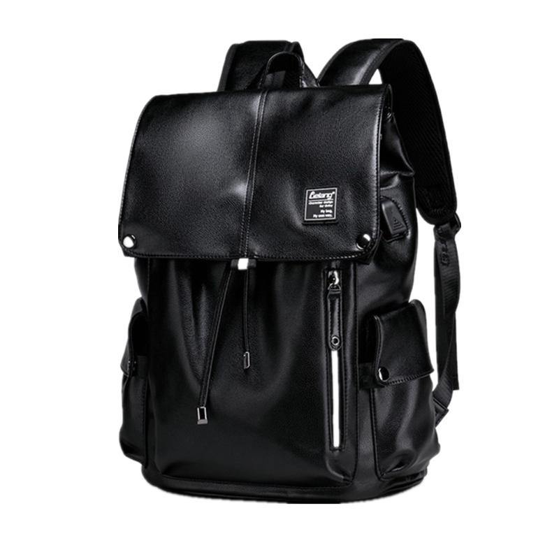 Black Leather Mens Large Backpack Travel Backpack Black Laptop Backpack for men