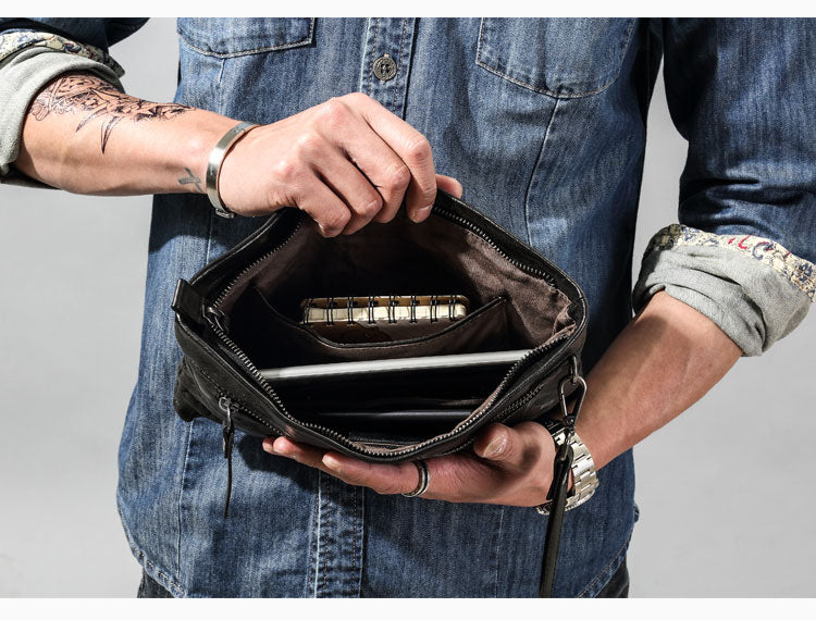 Black Leather Mens Large Leather Wristlet Wallet Black Envelope Bag Clutch Wallet for Men