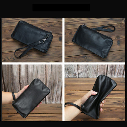 Black Leather Mens Long Wallet Phone Purse for Men Long Zipper Clutch Wallet Wristlet Bag