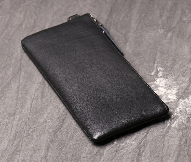 Black Leather Mens Slim Zipper Clutch Slim Long Wallet Phone Purse for Men Wristlet Wallet