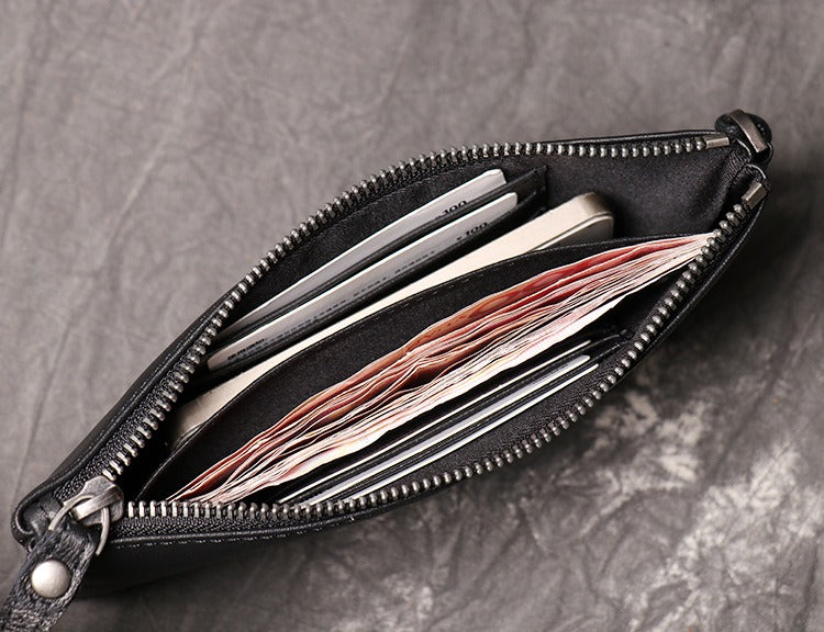 Black Leather Mens Slim Zipper Clutch Slim Long Wallet Phone Purse for Men Wristlet Wallet