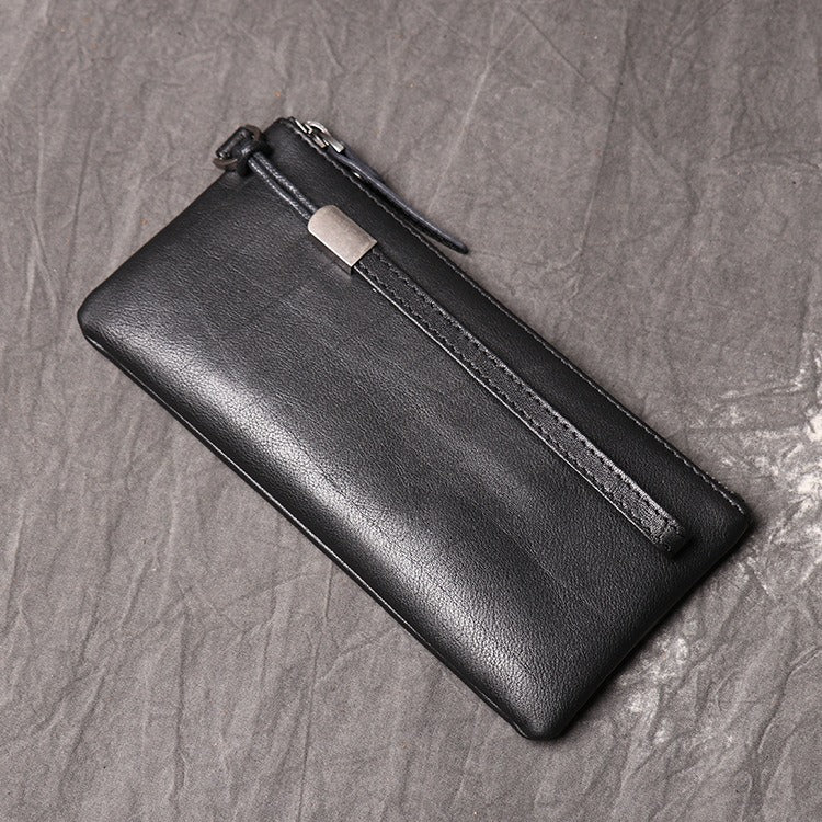 Black Leather Mens Slim Zipper Clutch Slim Long Wallet Phone Purse for Men Wristlet Wallet