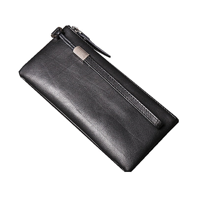 Black Leather Mens Slim Zipper Clutch Slim Long Wallet Phone Purse for Men Wristlet Wallet