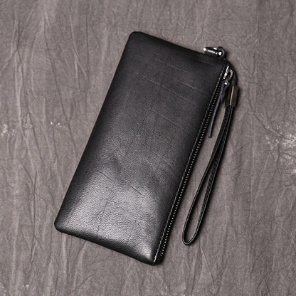 Black Leather Mens Slim Zipper Clutch Slim Long Wallet Phone Purse for Men Wristlet Wallet