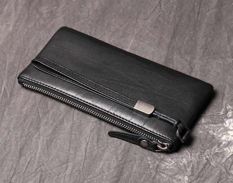 Black Leather Mens Slim Zipper Clutch Slim Long Wallet Phone Purse for Men Wristlet Wallet