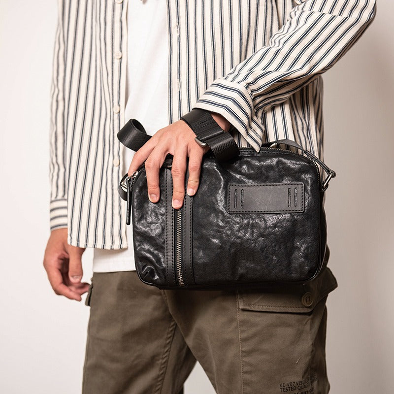 Black Leather Mens Small Courier Bag Ipad Side Bag Black Casual Messenger Bag For Men