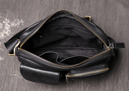 Black Leather Mens Small Courier Bag Ipad Side Bag Casual Small Messenger Bag For Men