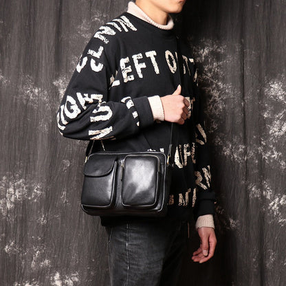 Black Leather Mens Small Courier Bag Ipad Side Bag Casual Small Messenger Bag For Men