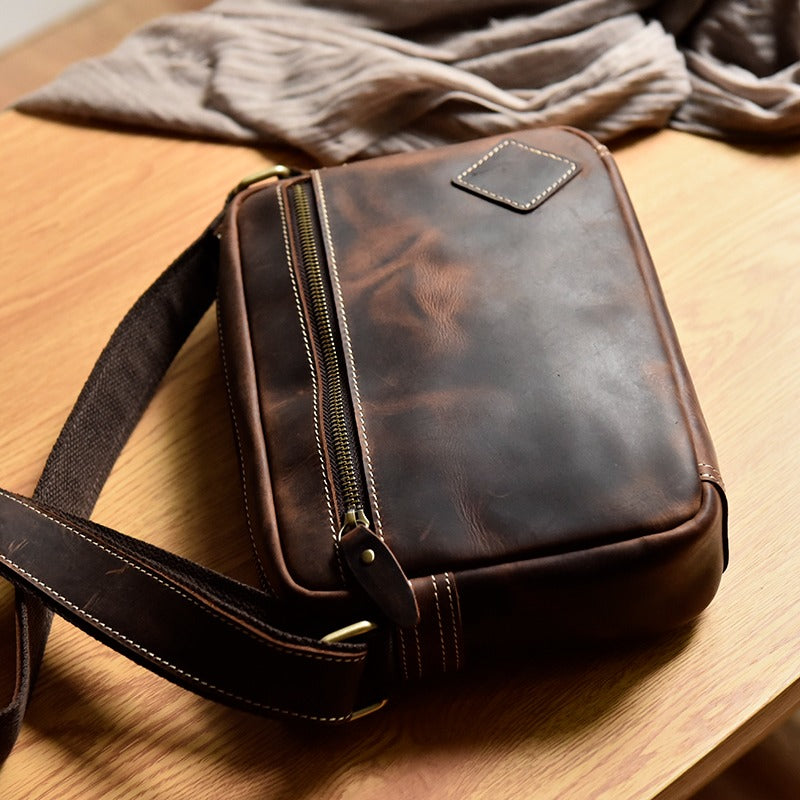 Black Leather Mens Small Courier Bag Side Bag Casual Ipad Messenger Bag For Men