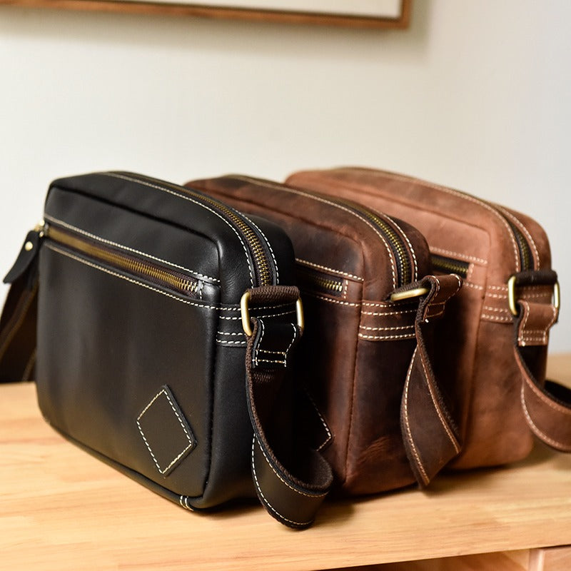 Black Leather Mens Small Courier Bag Side Bag Casual Ipad Messenger Bag For Men