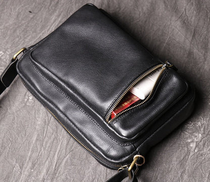 Black Leather Mens Small Ipad Courier Bag Side Bag Casual Small Messenger Bag For Men