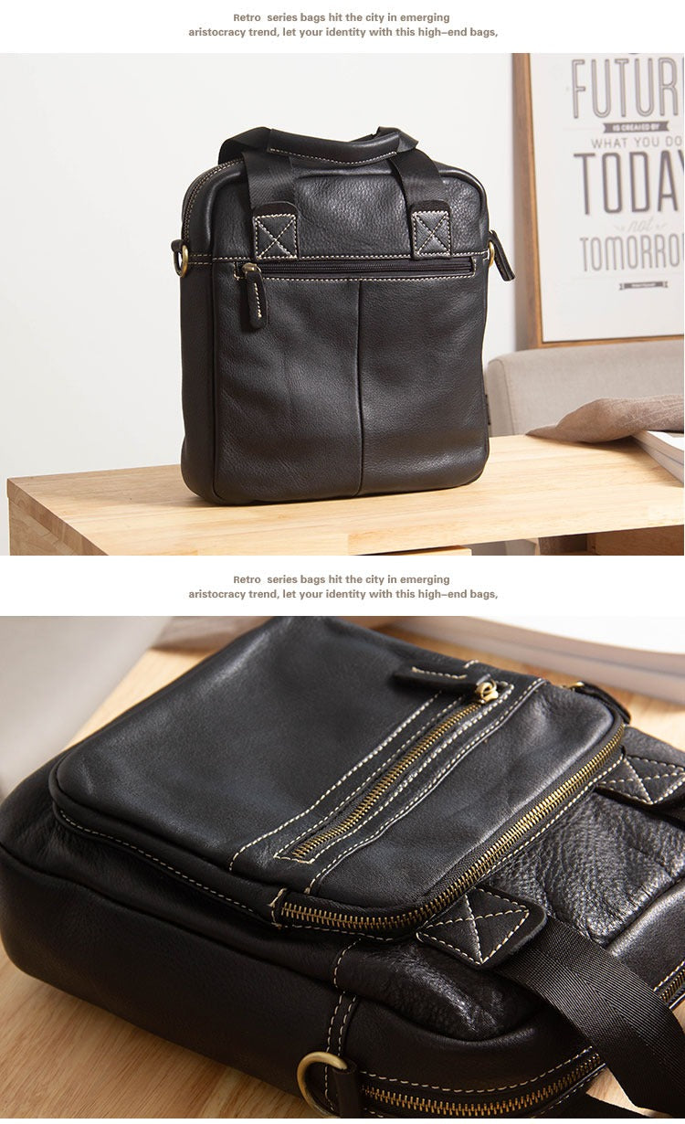 Black Leather Mens Small Vertical Messenger Bag Vertical Black Side Bags  Handbag For Men