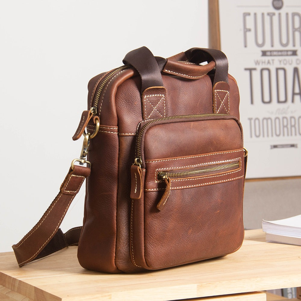 Coffee Leather Mens Small Vertical Messenger Bag Vertical Coffee Side Bags  Handbag For Men