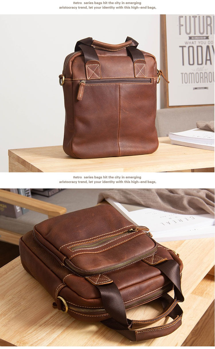 Coffee Leather Mens Small Vertical Messenger Bag Vertical Coffee Side Bags  Handbag For Men