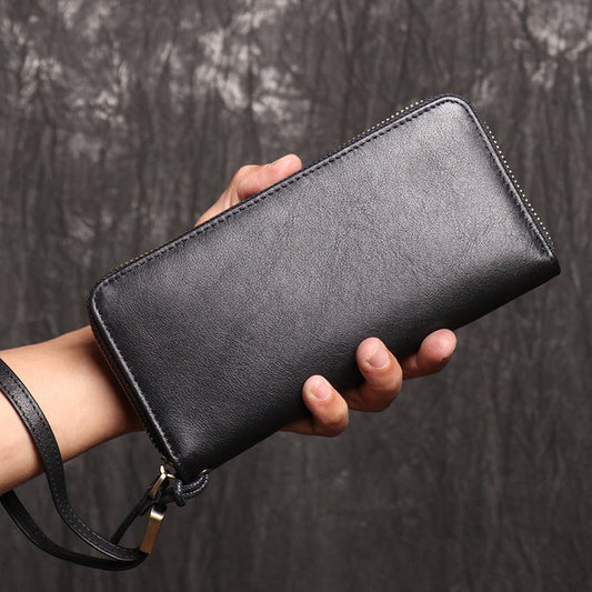 Black Leather Mens Wristlet Clutch Slim Long Wallet Phone Purse for Men Zipper Wallet