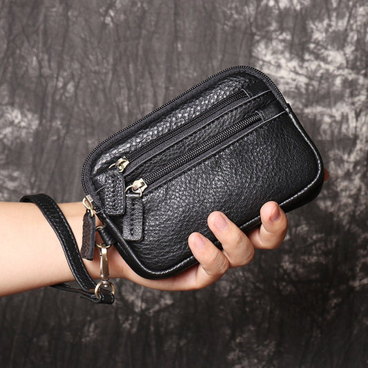 Black Leather Mens  Zipper Clutch Wallet Long Wallet Phone Purse for Men Wristlet Wallet