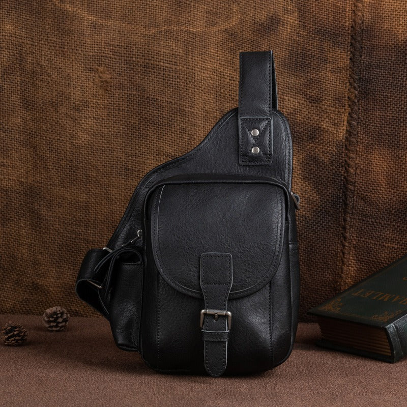 Black Leather Sling Bag Chest Bag Sling Crossbody Bag Sling Travel Bags Sling Hiking Bag For Men