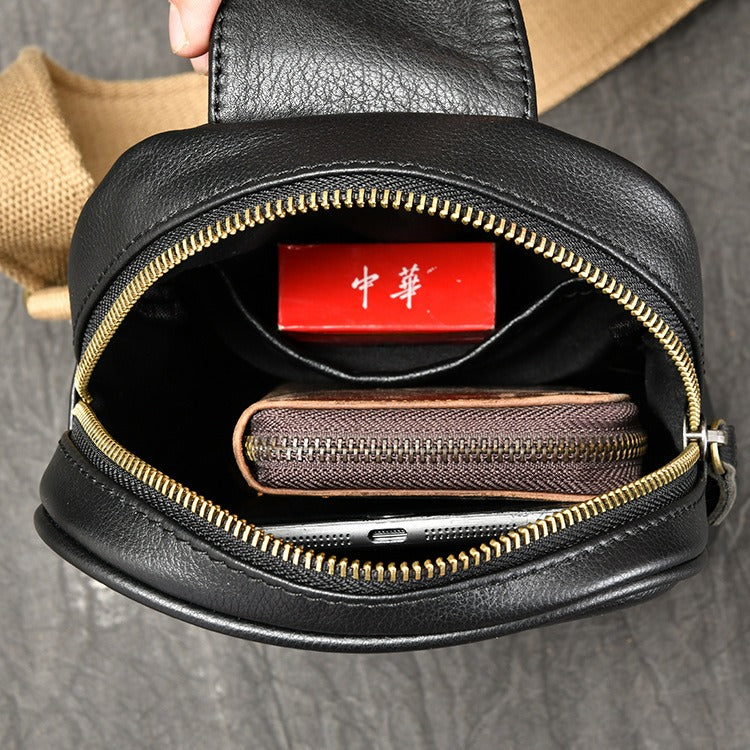 Black Leather Sling Bag Mens Minimalist Leather Sling Pack Cool Sling Crossbody Packs For Men