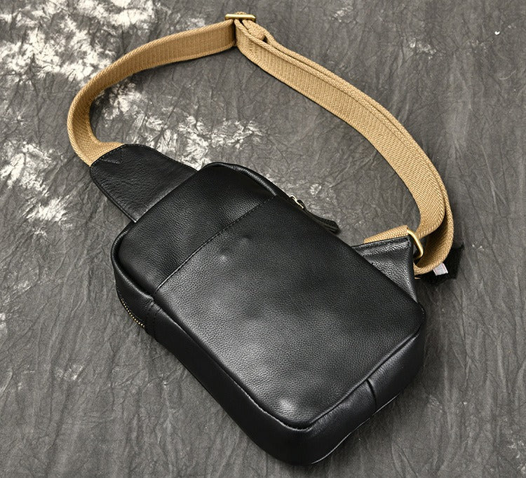 Black Leather Sling Bag Mens Minimalist Leather Sling Pack Cool Sling Crossbody Packs For Men