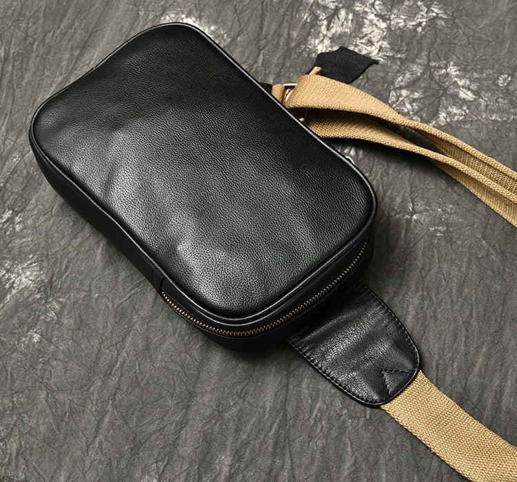 Black Leather Sling Bag Mens Minimalist Leather Sling Pack Cool Sling Crossbody Packs For Men