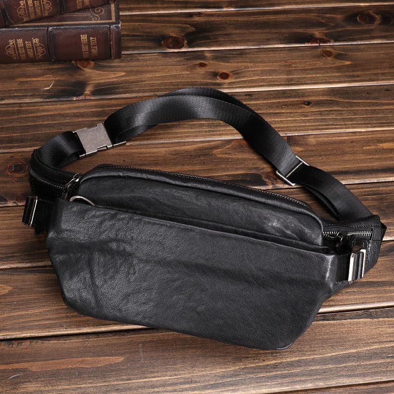 Black Leather Sling Bags Waist Bags Mens Cool Fanny Packs Hip Packs Sling Pack for Men