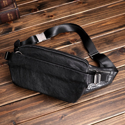 Black Leather Sling Bags Waist Bags Mens Cool Fanny Packs Hip Packs Sling Pack for Men