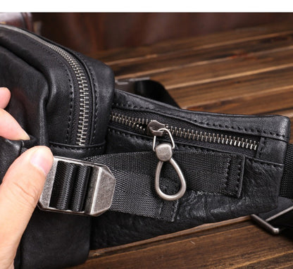 Black Leather Sling Bags Waist Bags Mens Cool Fanny Packs Hip Packs Sling Pack for Men