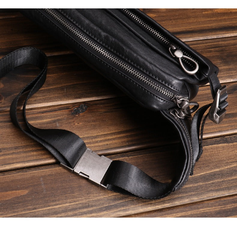 Black Leather Sling Bags Waist Bags Mens Cool Fanny Packs Hip Packs Sling Pack for Men