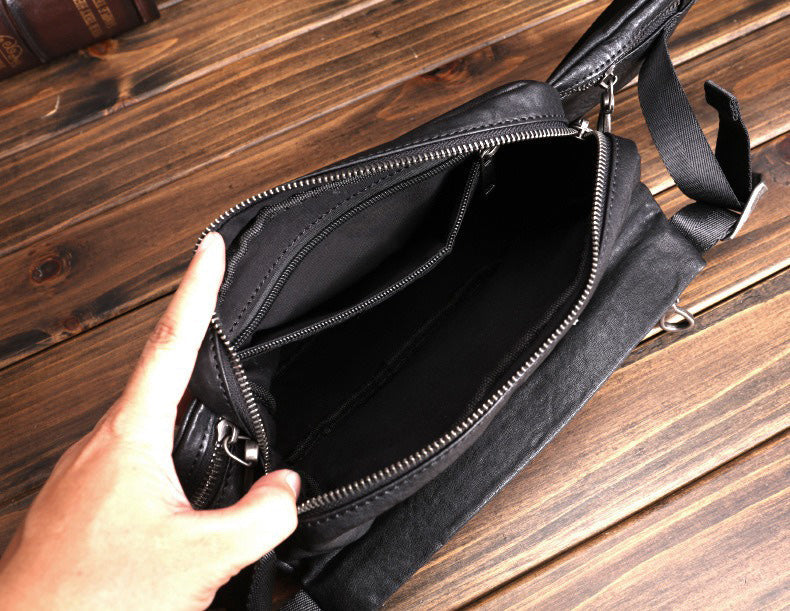 Black Leather Sling Bags Waist Bags Mens Cool Fanny Packs Hip Packs Sling Pack for Men