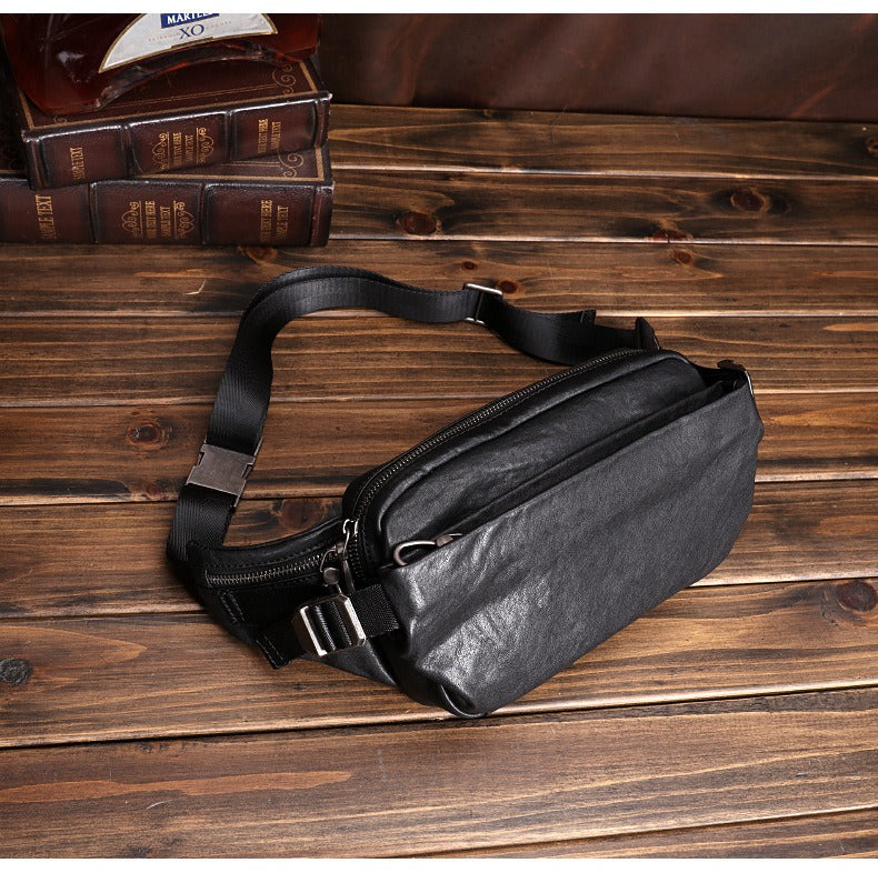 Black Leather Sling Bags Waist Bags Mens Cool Fanny Packs Hip Packs Sling Pack for Men