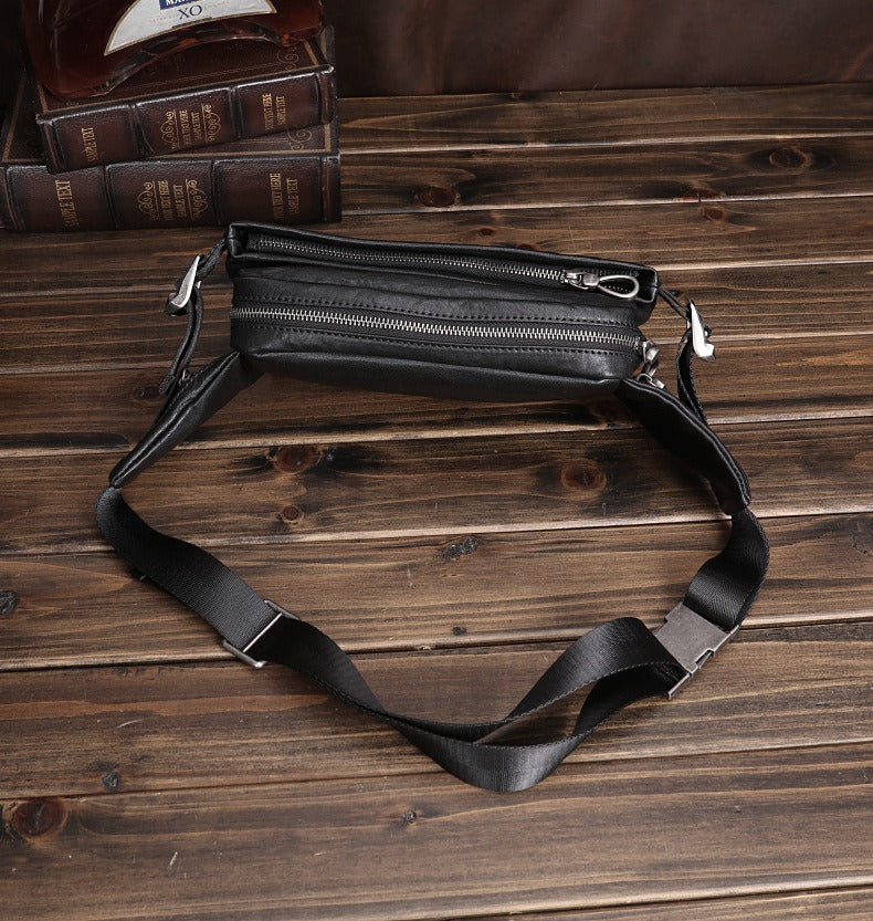 Black Leather Sling Bags Waist Bags Mens Cool Fanny Packs Hip Packs Sling Pack for Men