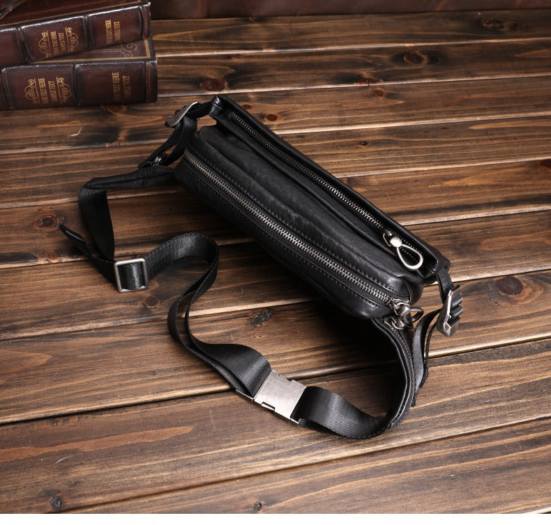 Black Leather Sling Bags Waist Bags Mens Cool Fanny Packs Hip Packs Sling Pack for Men