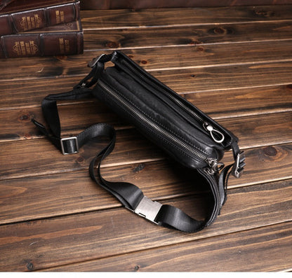 Black Leather Sling Bags Waist Bags Mens Cool Fanny Packs Hip Packs Sling Pack for Men