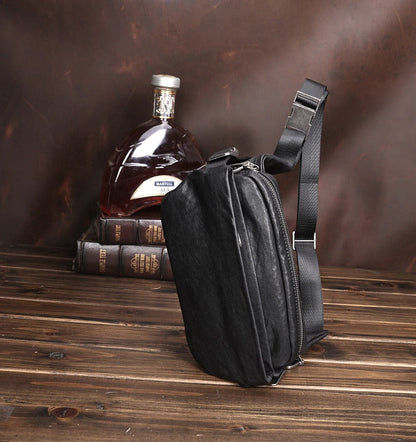 Black Leather Sling Bags Waist Bags Mens Cool Fanny Packs Hip Packs Sling Pack for Men