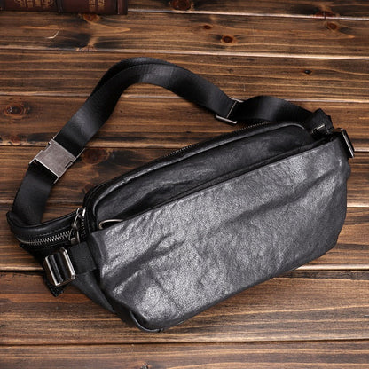 Black Leather Sling Bags Waist Bags Mens Cool Fanny Packs Hip Packs Sling Pack for Men