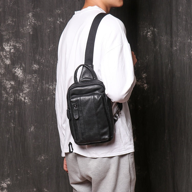 Black Leather Sling Packs Sling Bag Chest Bags Leather Sling Crossbody Pack Travel Bags For Men