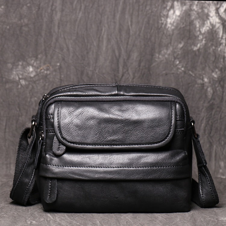 Black Leather Small Messenger Bag Black Courier Bag Side Bag Black Shoulder Bag For Men