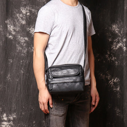 Black Leather Small Messenger Bag Black Courier Bag Side Bag Black Shoulder Bag For Men