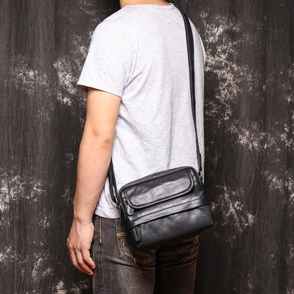 Black Leather Small Messenger Bag Black Courier Bag Side Bag Black Shoulder Bag For Men