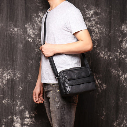 Black Leather Small Messenger Bag Black Courier Bag Side Bag Black Shoulder Bag For Men