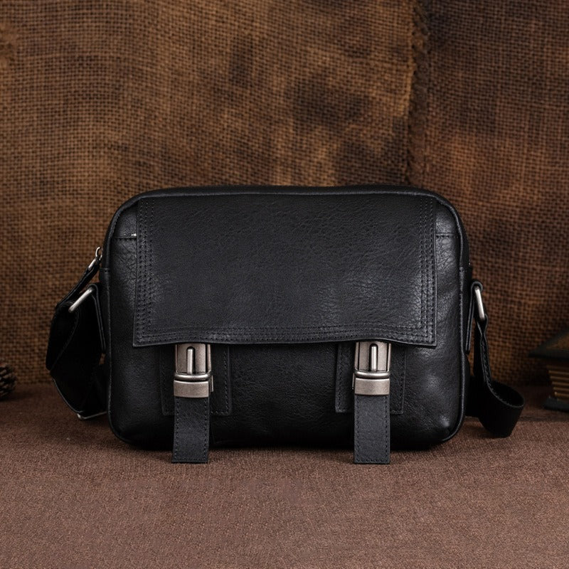 Black Leather Small Side Bag Mens Courier Bag Casual Messenger Bag For Men