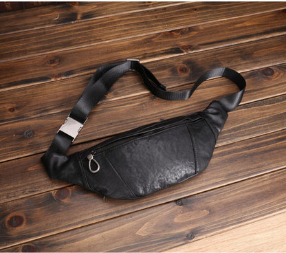 Black Leather Waist Bags Mens Slim Fanny Packs Hip Packs Sling Bags Sling Pack for Men