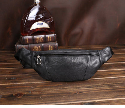 Black Leather Waist Bags Mens Slim Fanny Packs Hip Packs Sling Bags Sling Pack for Men