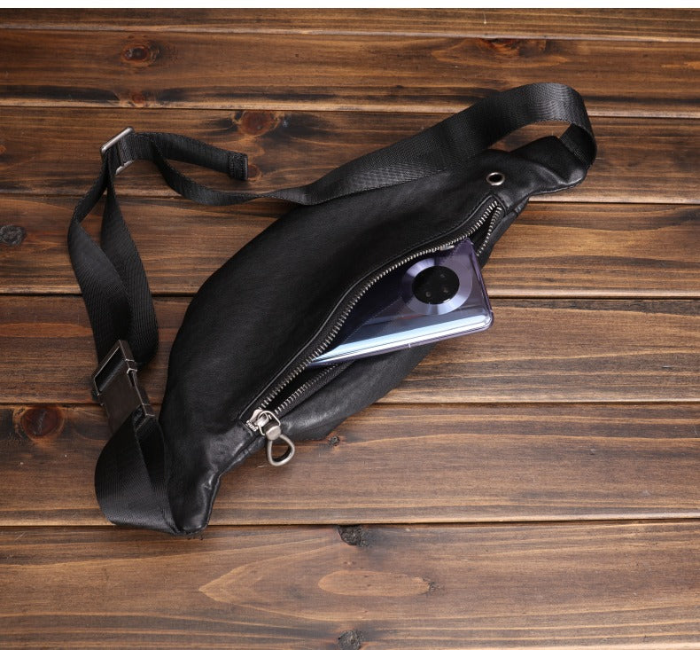 Black Leather Waist Bags Mens Slim Fanny Packs Hip Packs Sling Bags Sling Pack for Men