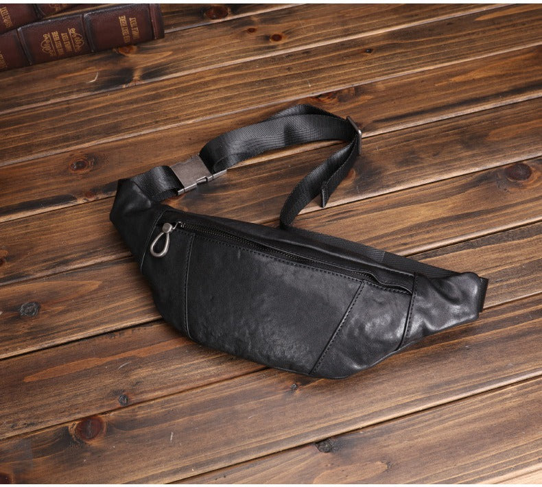 Black Leather Waist Bags Mens Slim Fanny Packs Hip Packs Sling Bags Sling Pack for Men