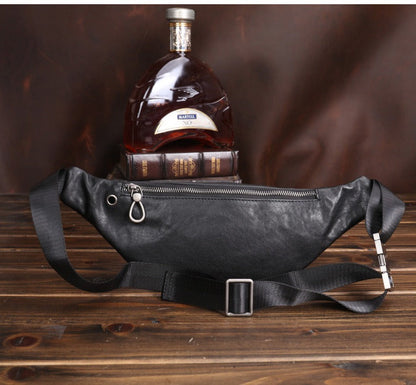 Black Leather Waist Bags Mens Slim Fanny Packs Hip Packs Sling Bags Sling Pack for Men