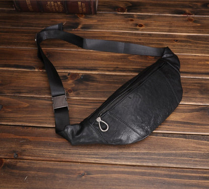 Black Leather Waist Bags Mens Slim Fanny Packs Hip Packs Sling Bags Sling Pack for Men