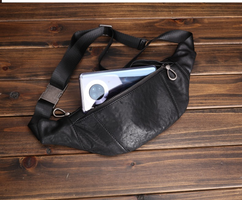 Black Leather Waist Bags Mens Slim Fanny Packs Hip Packs Sling Bags Sling Pack for Men