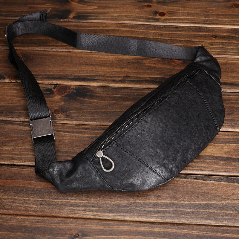 Black Leather Waist Bags Mens Slim Fanny Packs Hip Packs Sling Bags Sling Pack for Men