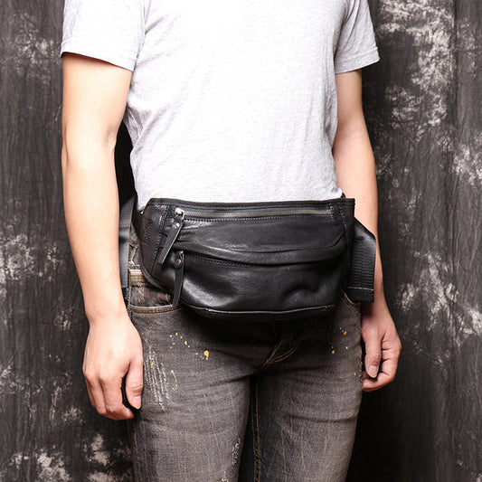 Leather Fanny Packs Black Mens Bum Bag Hip Bag Black Waist Bags For Men